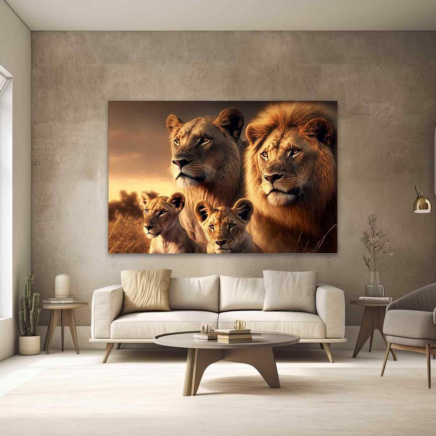 Quadro Decorativo Família de Leões - Impressão em Tecido 130x90cm para Quarto ou Sala