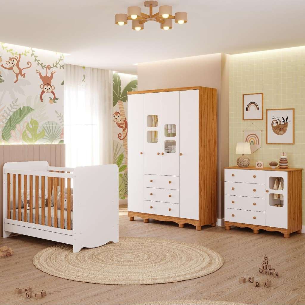 Quarto Bebê Completo: Berço 3 em 1 + Guarda Roupa + Cômoda