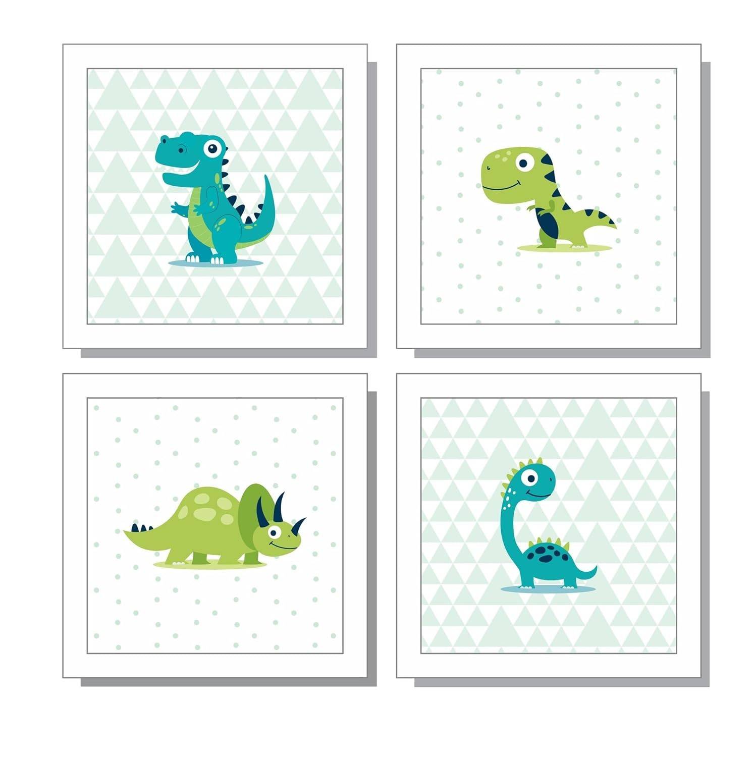 Quadros Decorativos de Dinossauros para Quarto Infantil - Estilo Baby Boy Verde e Branco