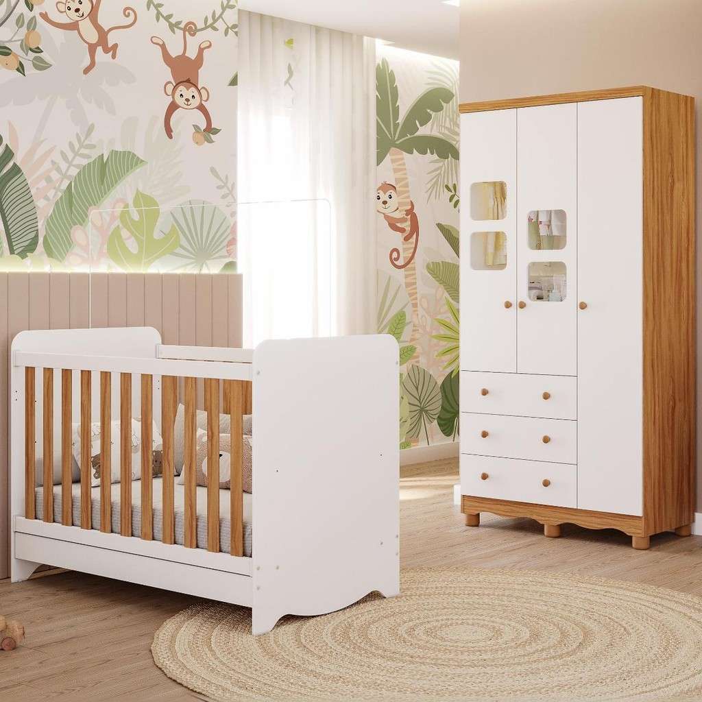 Quarto de Bebê Completo: Berço 3 em 1 + Guarda Roupa