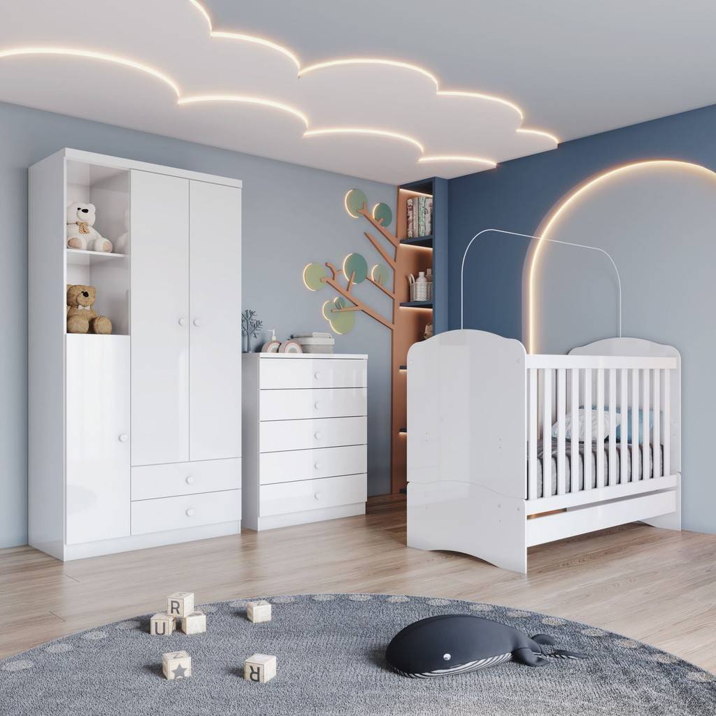 Quarto de Bebê Completo: Berço, Guarda Roupa & Cômoda