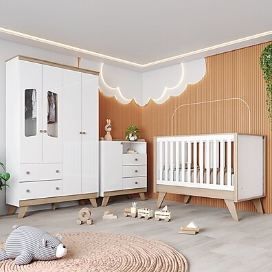 Quarto de Bebê Theo: Berço 3 em 1 + Guarda-Roupa + Cômoda