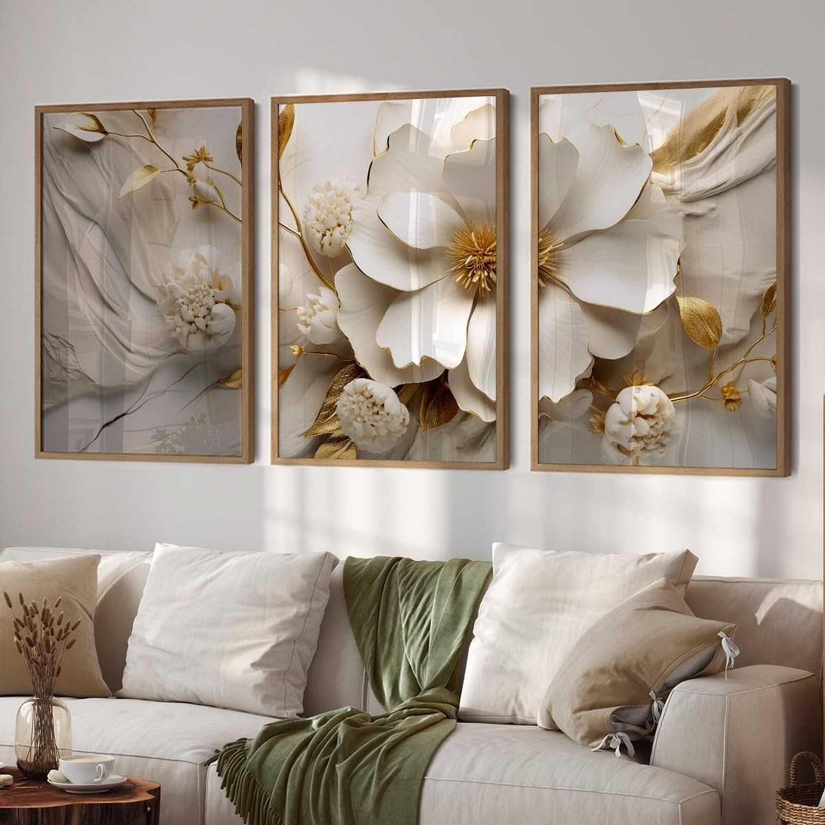 Quadro Decorativo Floral Branco e Dourado - 3 Telas Elegantes para Sala, Quarto e Escritório