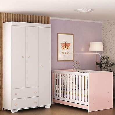 Quarto Infantil Algodão Doce: Berço 3 em 1 + Guarda-Roupa