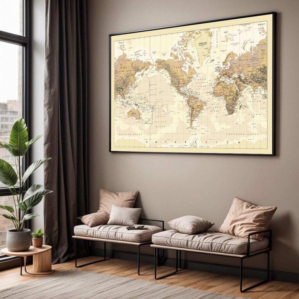 Quadro Mapa Mundi Decorativo 90x60cm - Moldura Moderna para Sala e Quarto