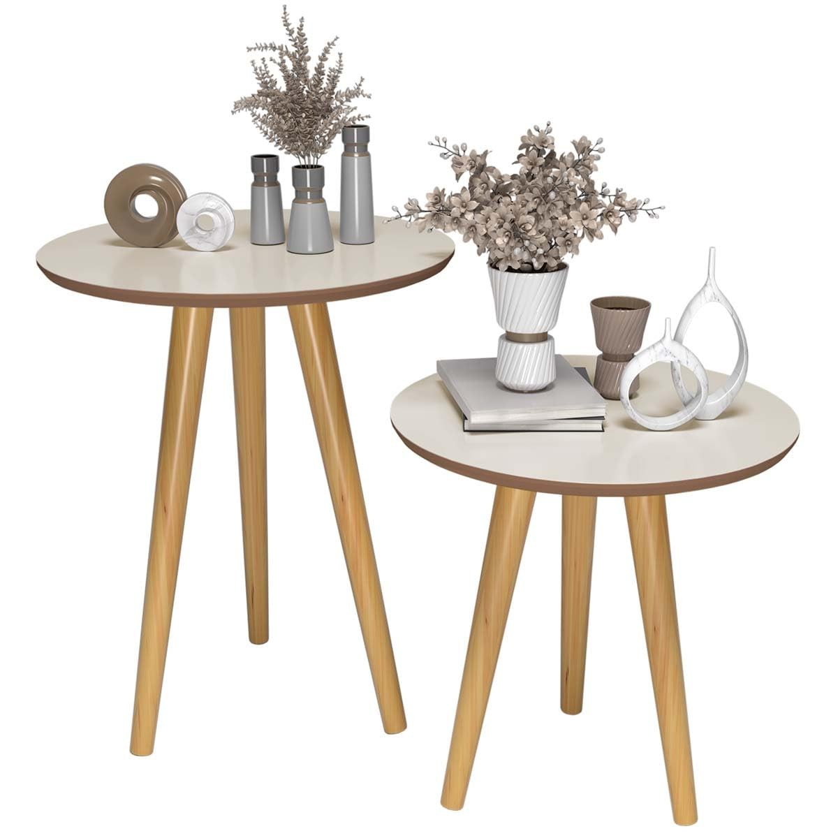 Duas Mesinhas Laterais Retro com Pés Palito - Design Off White e Freijó para Sala, Quarto e Escritório