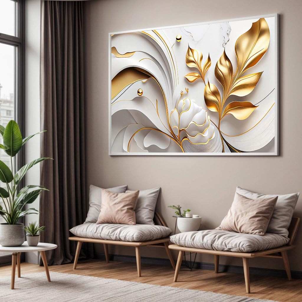 Quadro com Moldura Folhas Douradas Abstrato - Arte Decorativa para Sala e Quarto