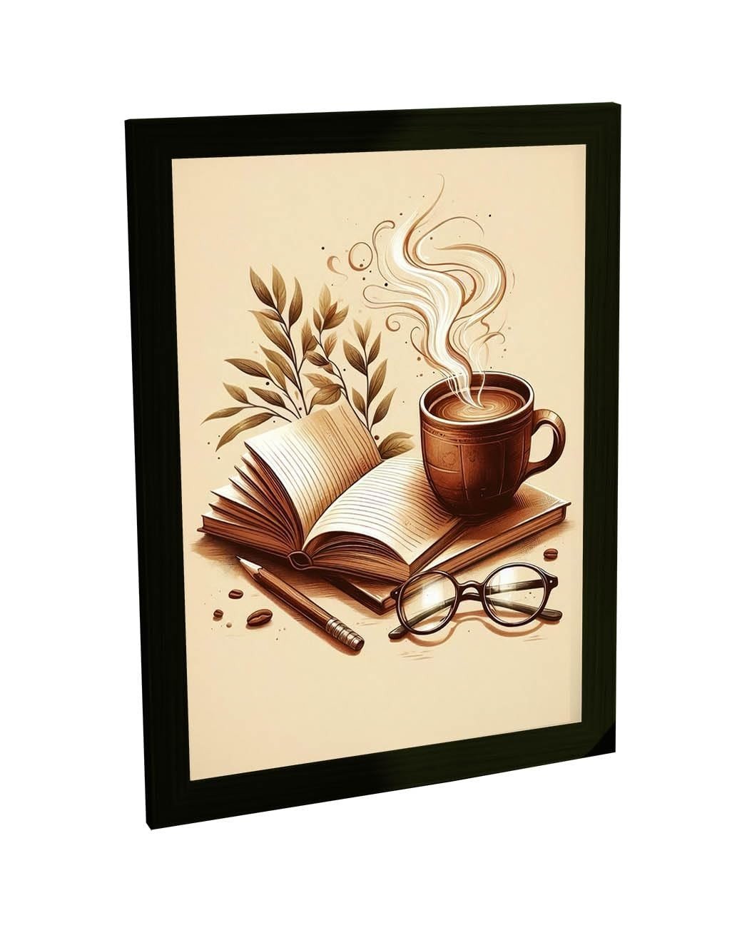 Quadro Decorativo Café e Livros - Arte Ilustrada para Quarto e Sala