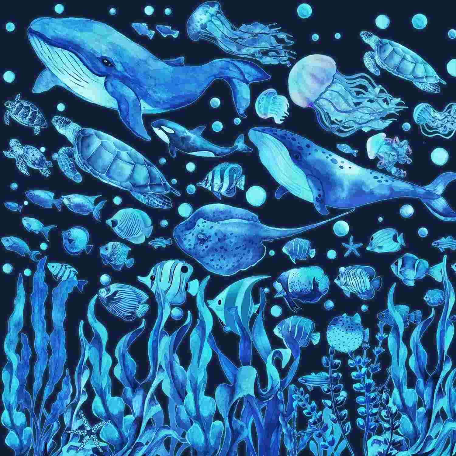 Decalques de Parede que Brilham no Escuro - Mundo do Oceano com Tartarugas, Águas-Vivas e Algas Marinhas | Adesivos Removíveis para Quarto Infantil, Banheiro e Sala de Jogos