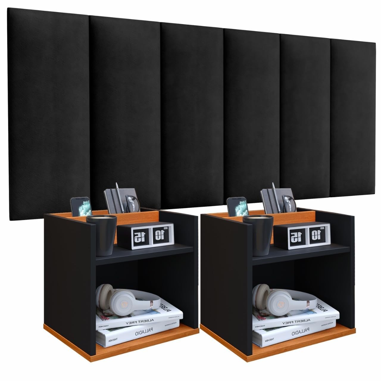 Conjunto Cabeceira Casal Queen 160cm com Mesa de Cabeceira Suspenso Porta Celular Madri (OffWhite/Freijó)