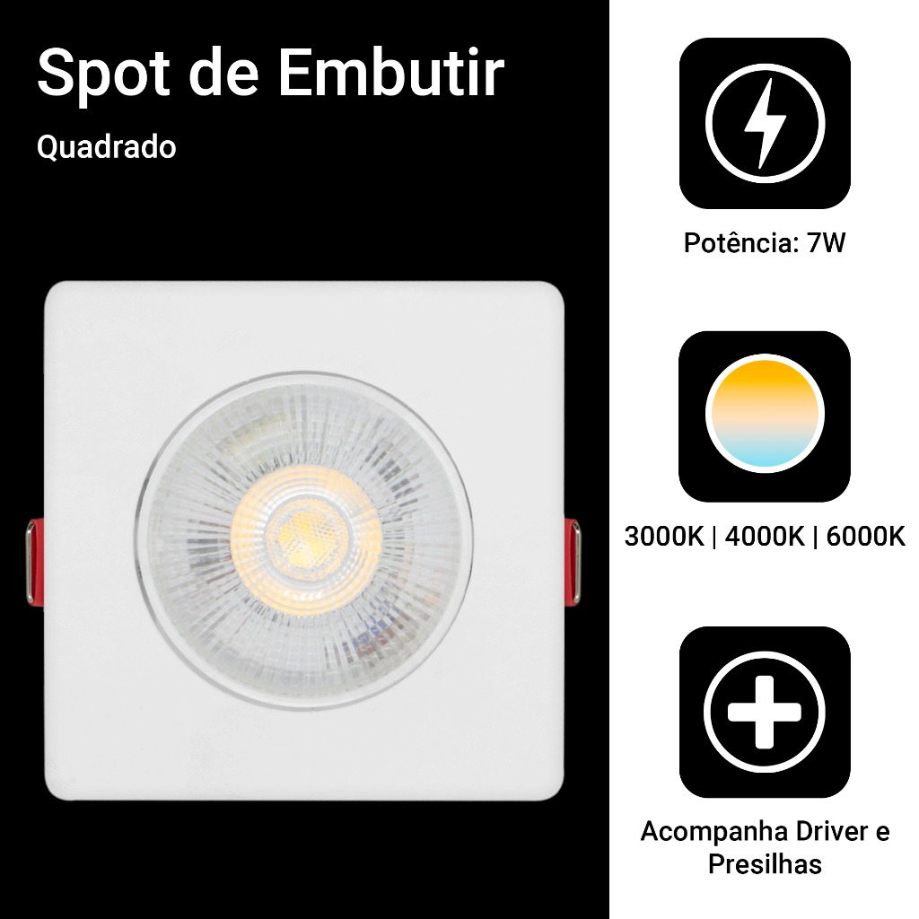 Kit com 30 Spots LED Quadrados 7W Bivolt: Branco Frio, Neutro ou Quente