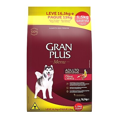 Ração Gran Plus Menu Carne e Arroz 16,5kg com Desconto