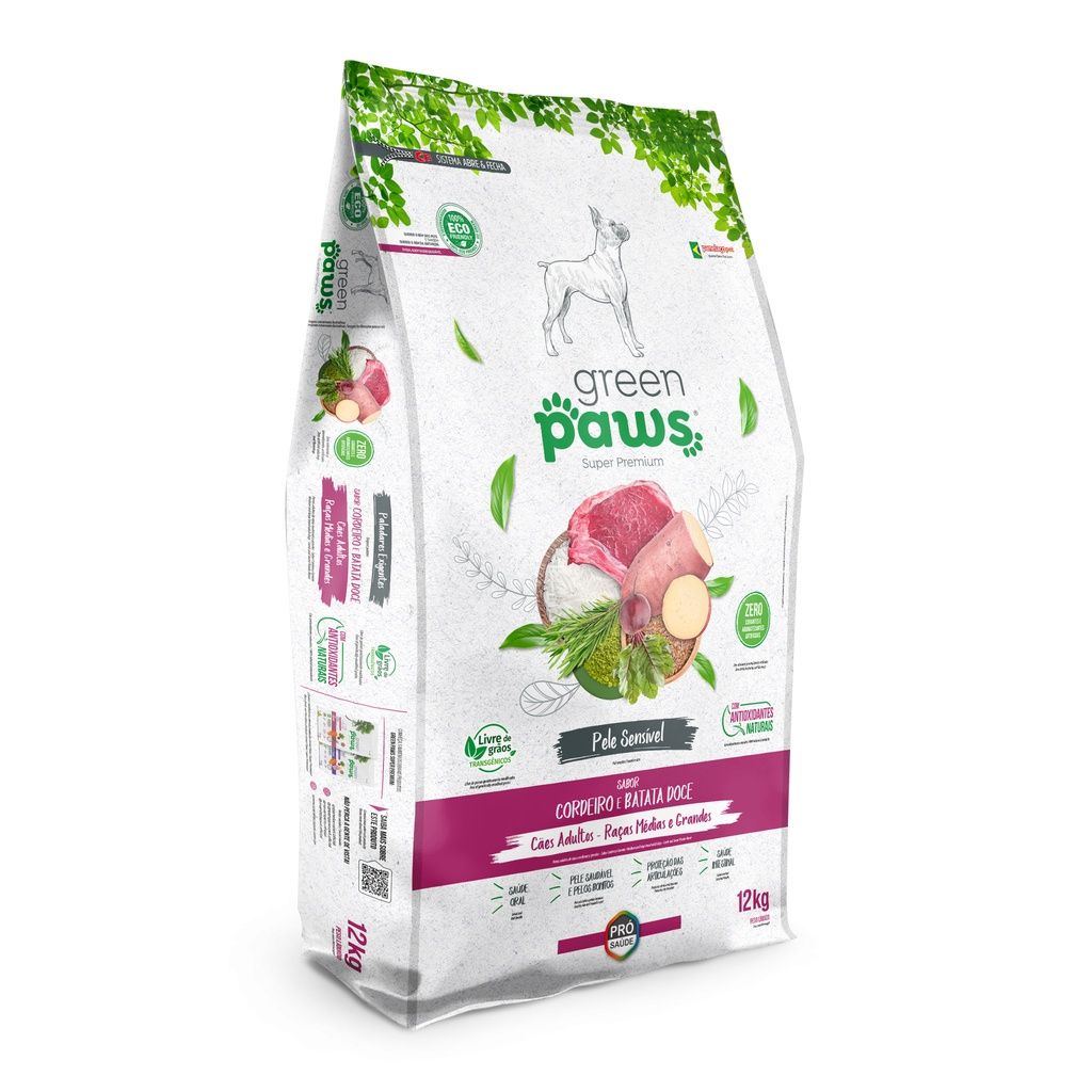 Ração Green Paws Cordeiro e Batata Doce 12kg para Cães Adultos