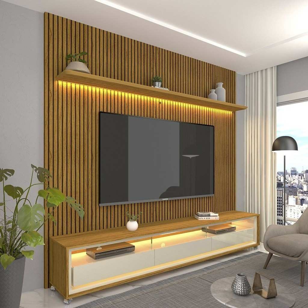 Rack e Painel TV 90” Ripado com LED – Requinte