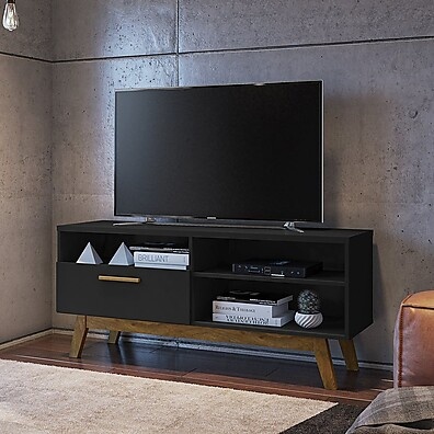Rack Paládio Preto Fosco com Pés de Madeira Maciça para TV até 55”