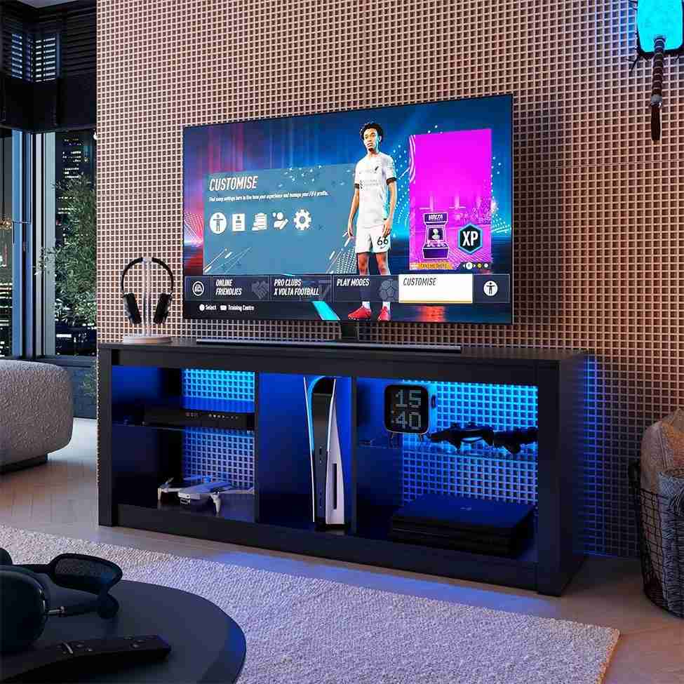 Rack TV 55" Leo Preto: Iluminação LED e Design Moderno