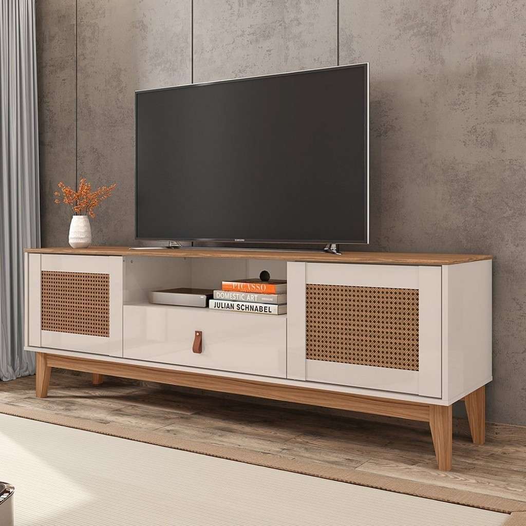 Rack TV 60" Madeira Maciça: Elegância Off White/Noce