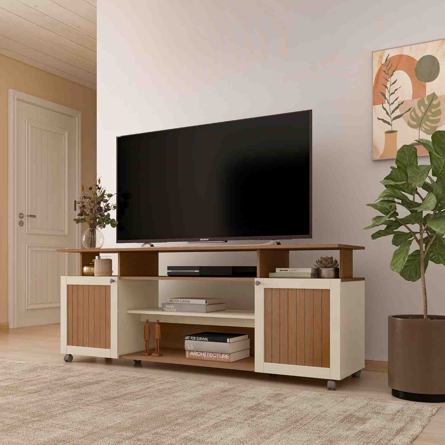 Rack para TV Ipanema até 75" com 2 Portas e Rodízios - Cinamomo/Off White