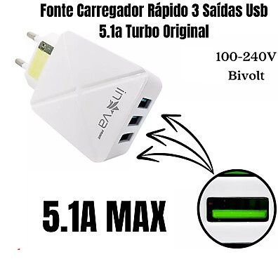 Carregador Turbo 5.1A: 3 USBs, Carga Rápida!