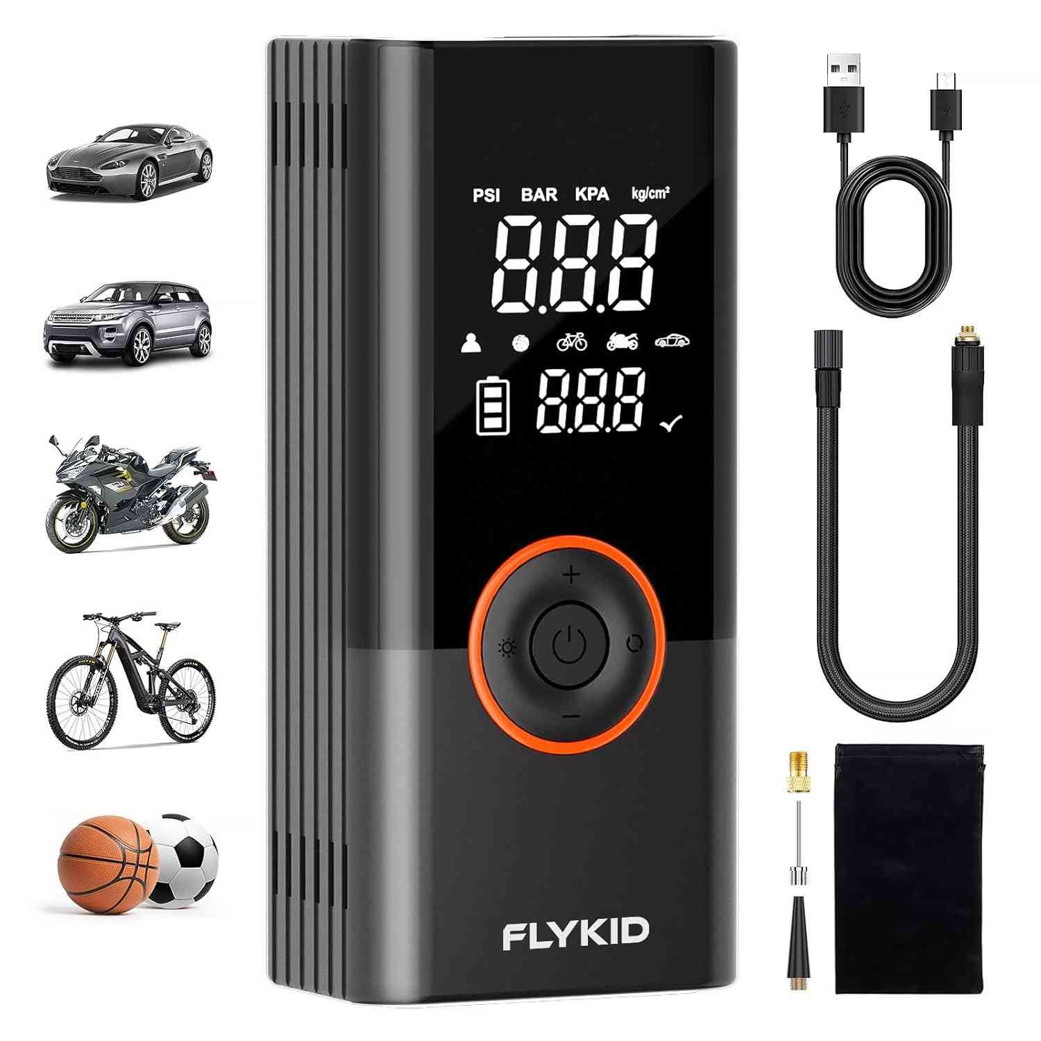 FLYKID Compressor de Ar Portátil 150PSI: Inflador Digital Rápido para Pneus de Carro, SUV, Moto e Bike | Luz LED e Bateria Recarregável