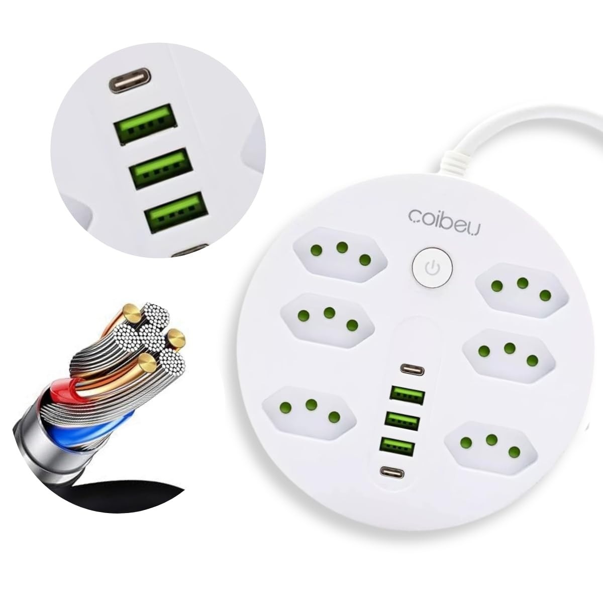 Extensão Coibeu: 10 Tomadas + 5 USB (2 USB-C PD) - Carregamento Rápido e Proteção Total