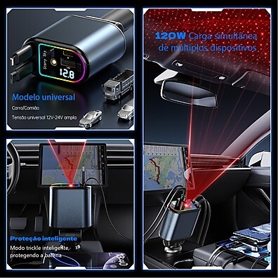 Carregador de Carro 120W 4 em 1 com LED e Projeção de Estrelas – Carregamento Super Rápido