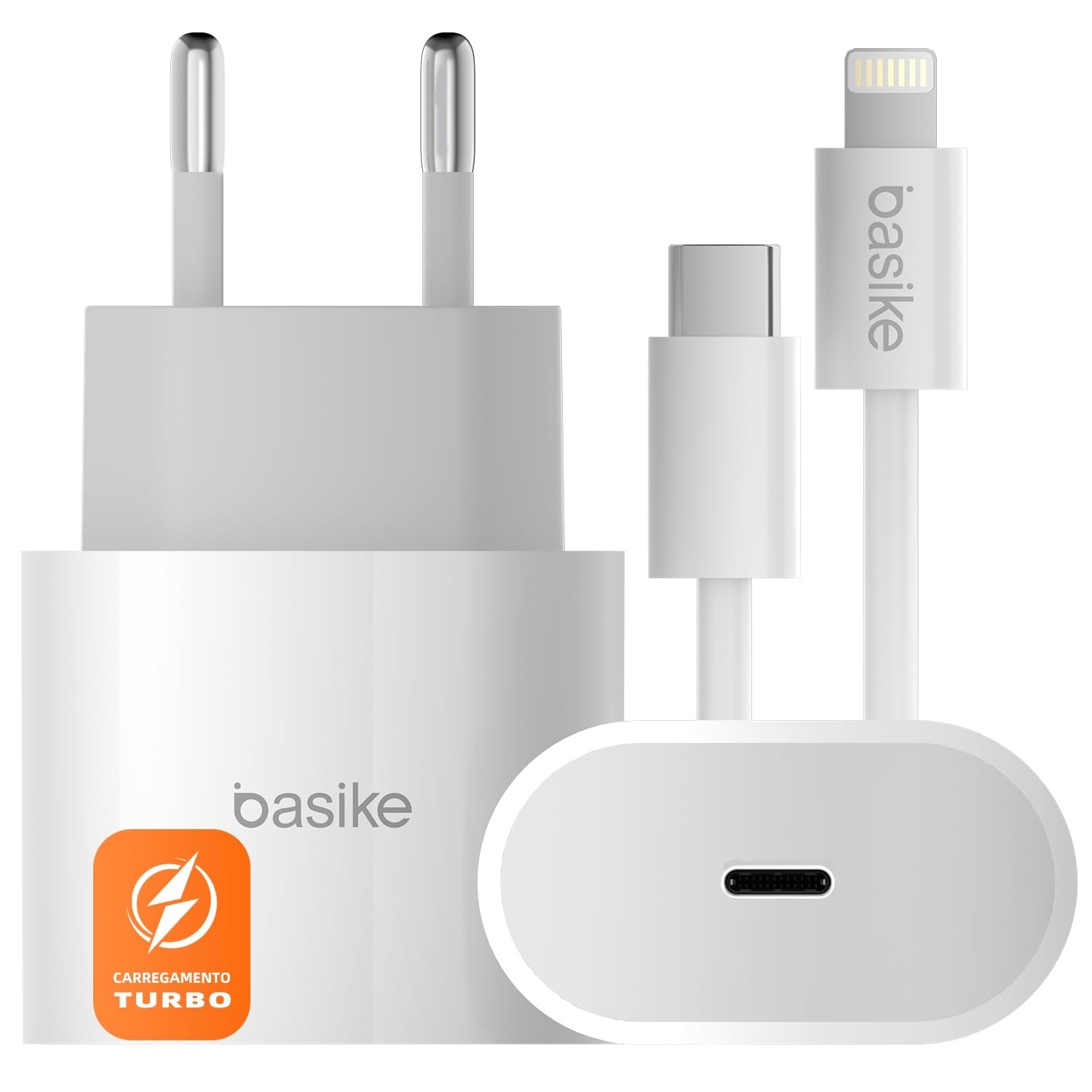 Carregador Turbo Basike 20W + Cabo Lightning USB-C: Carregamento Rápido para iPhone 11 ao 14, X, XR, SE