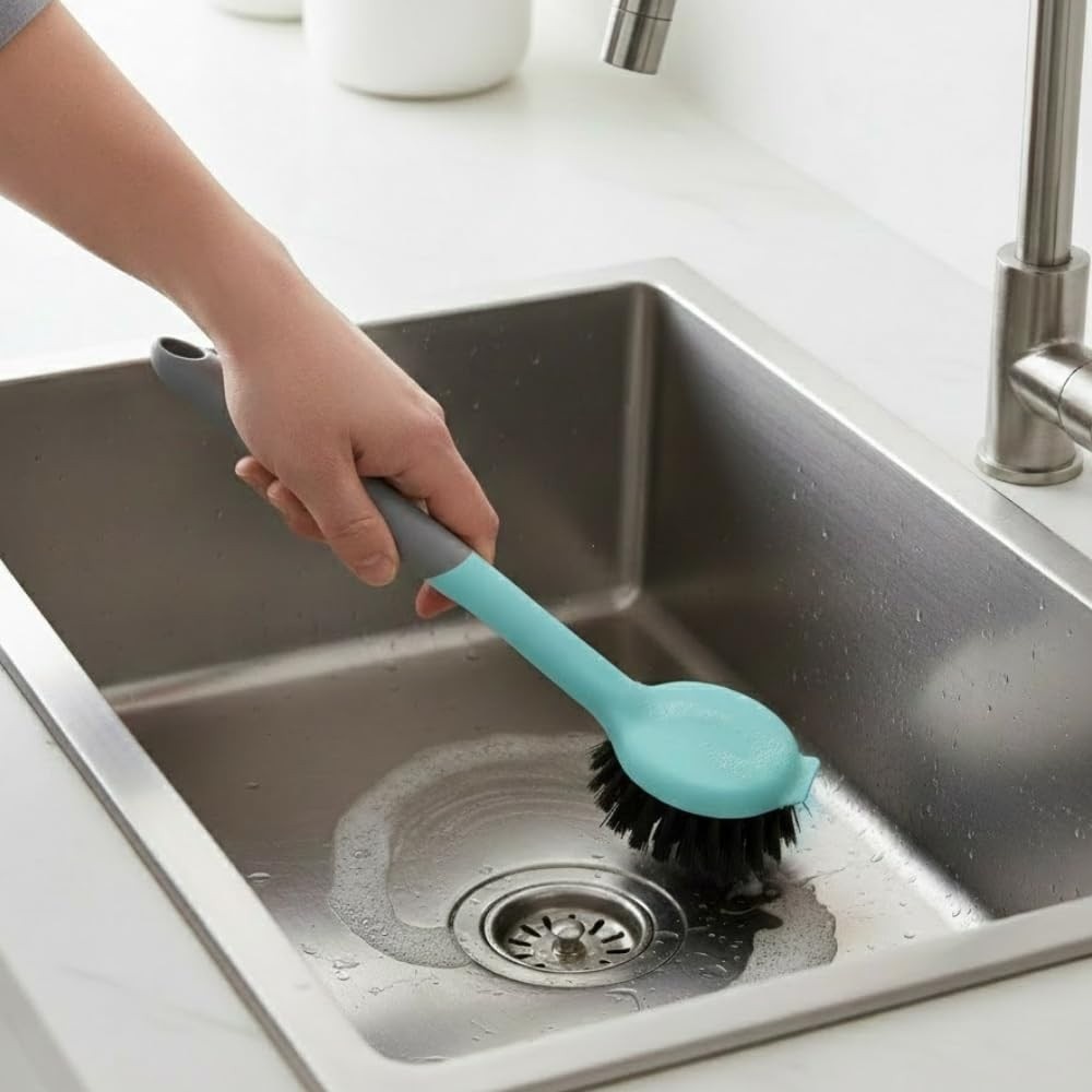 Escova de Limpeza Multiuso com Raspador - Cerdas Firmes para Rejunte, Cozinha, Banheiro e Pisos - Edmix (Cinza e Verde)
