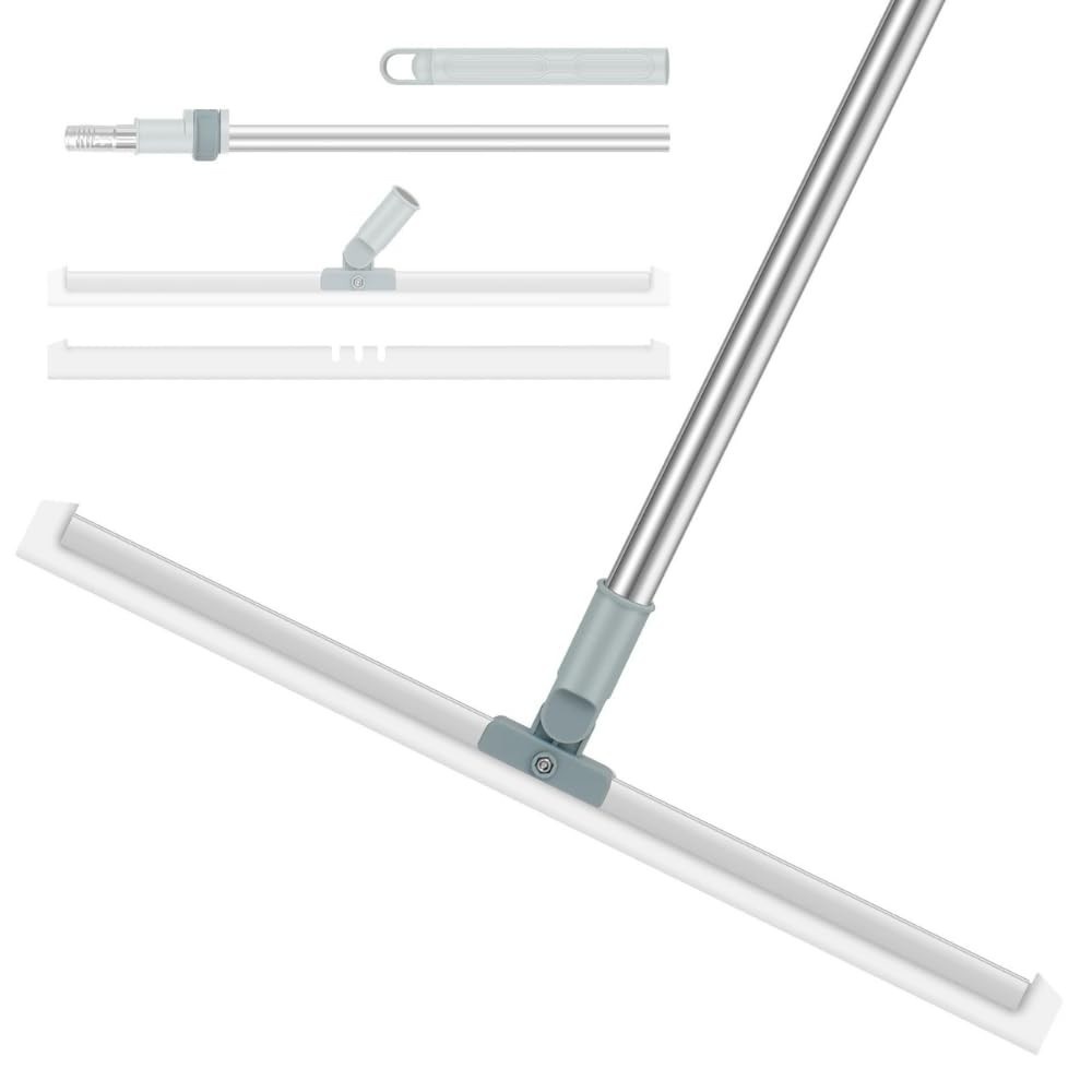 Rodo de Limpeza Silicone 2 em 1 com Raspador - 50cm, Cabo Retrátil 140cm, Base Giratória