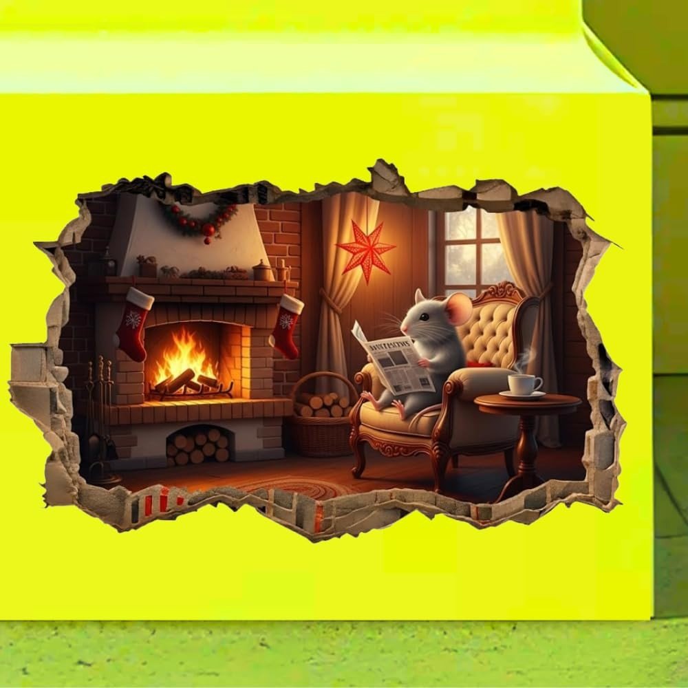 Adesivo de Parede 3D Lareira de Natal com Ratinho Encantador - Decalque Vinil Decorativo para Quarto e Sala