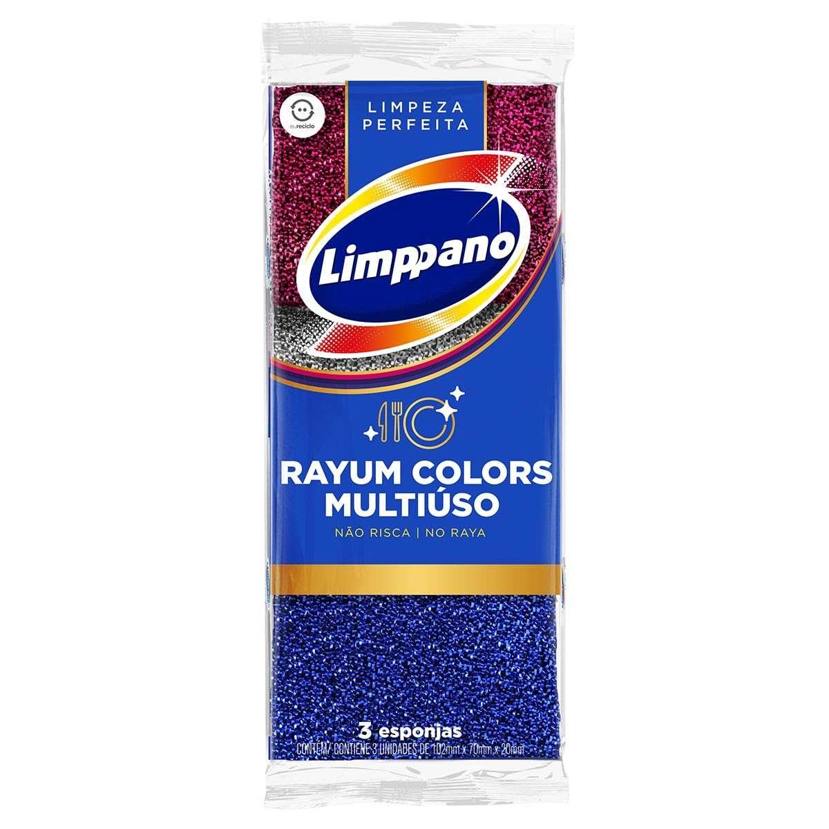 Limppano Esponja Multiuso Rayum Colors - 3 Unidades com Design Moderno e Superfície Protetora