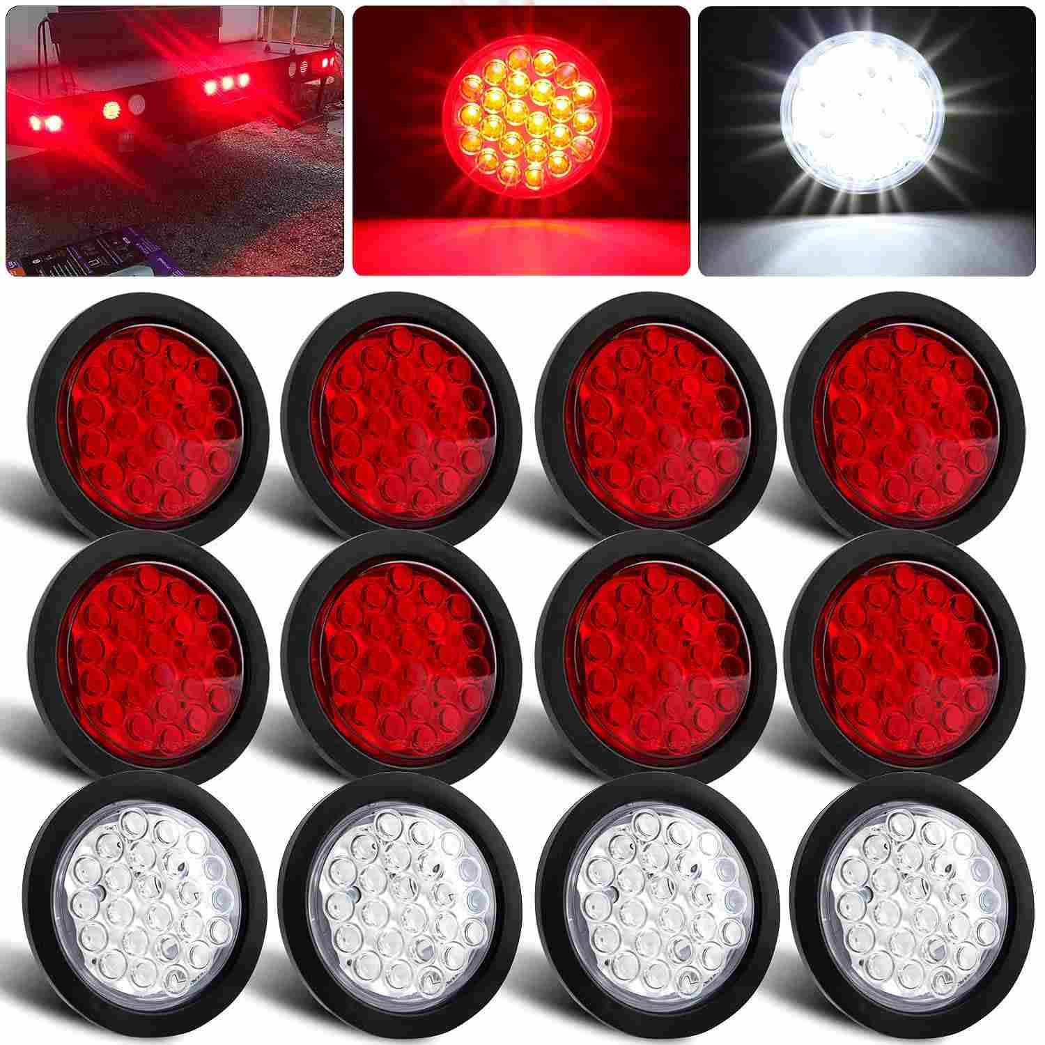 Kit 12 Luzes Traseiras LED 10cm Redondas P/ Reboque - Freio, Ré e Sinalização