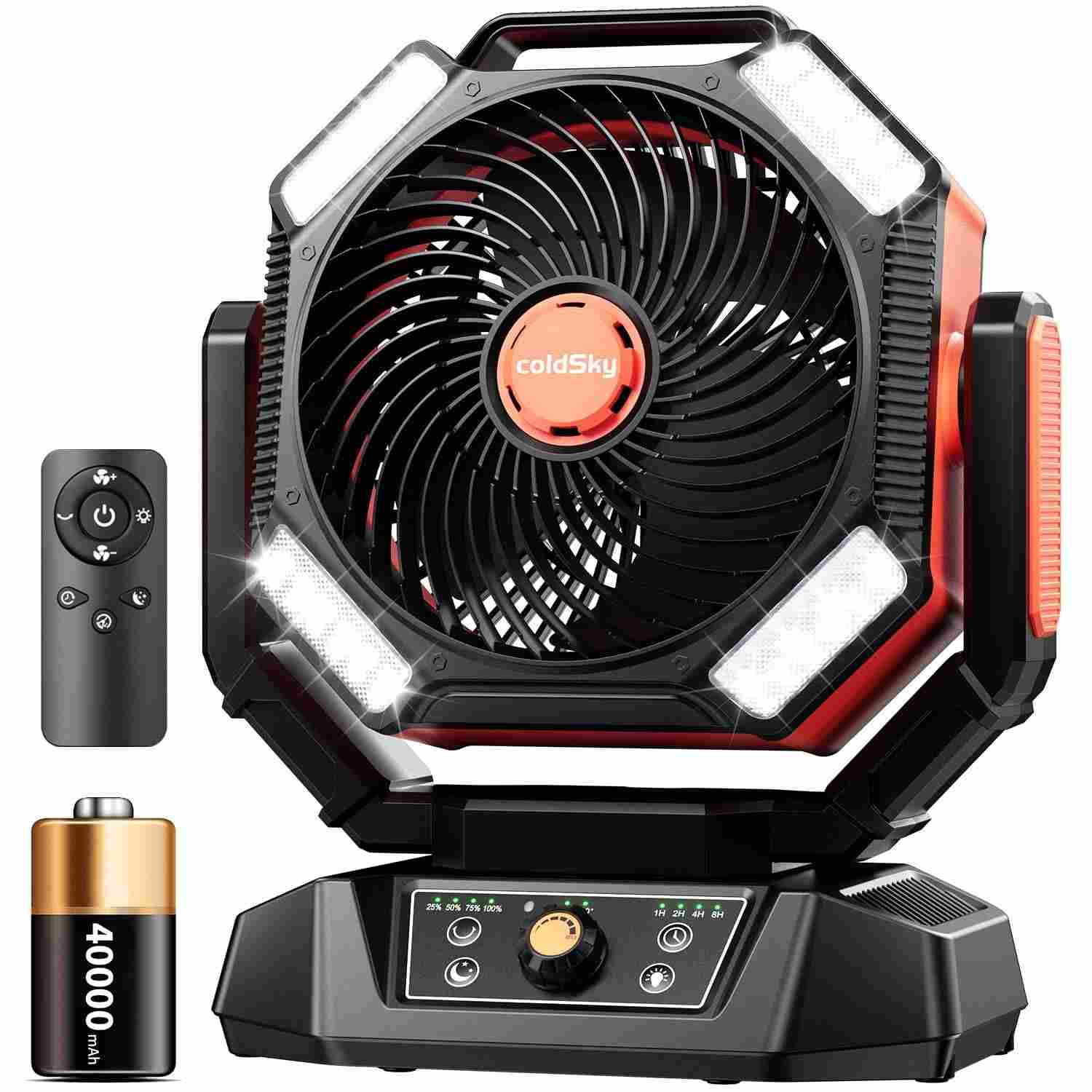 coldSky Ventilador de Acampamento Recarregável com 4 Luzes LED, 8 Velocidades, Controle Remoto e Gancho para Barraca