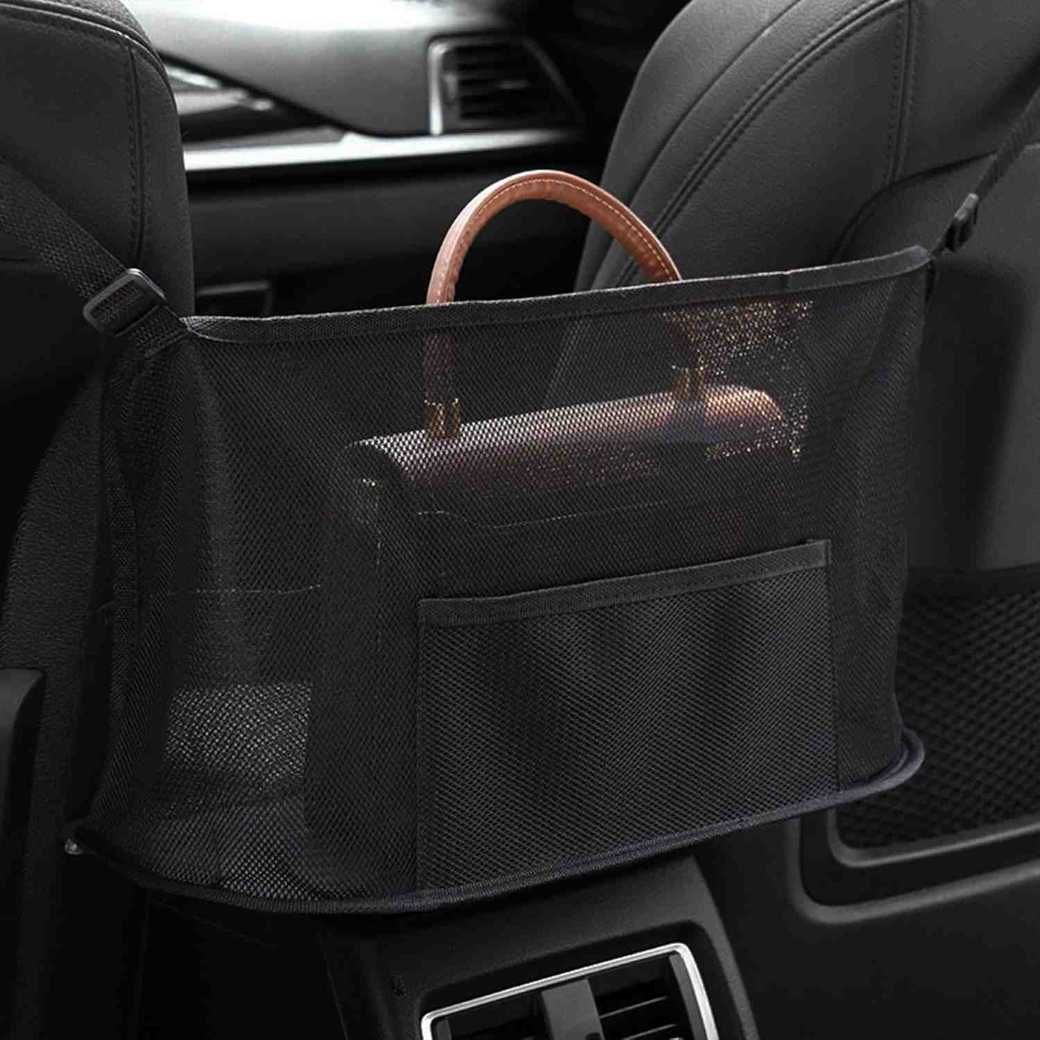 Organizador de Carro Universal: Suporte de Bolsa e Rede Entre Assentos