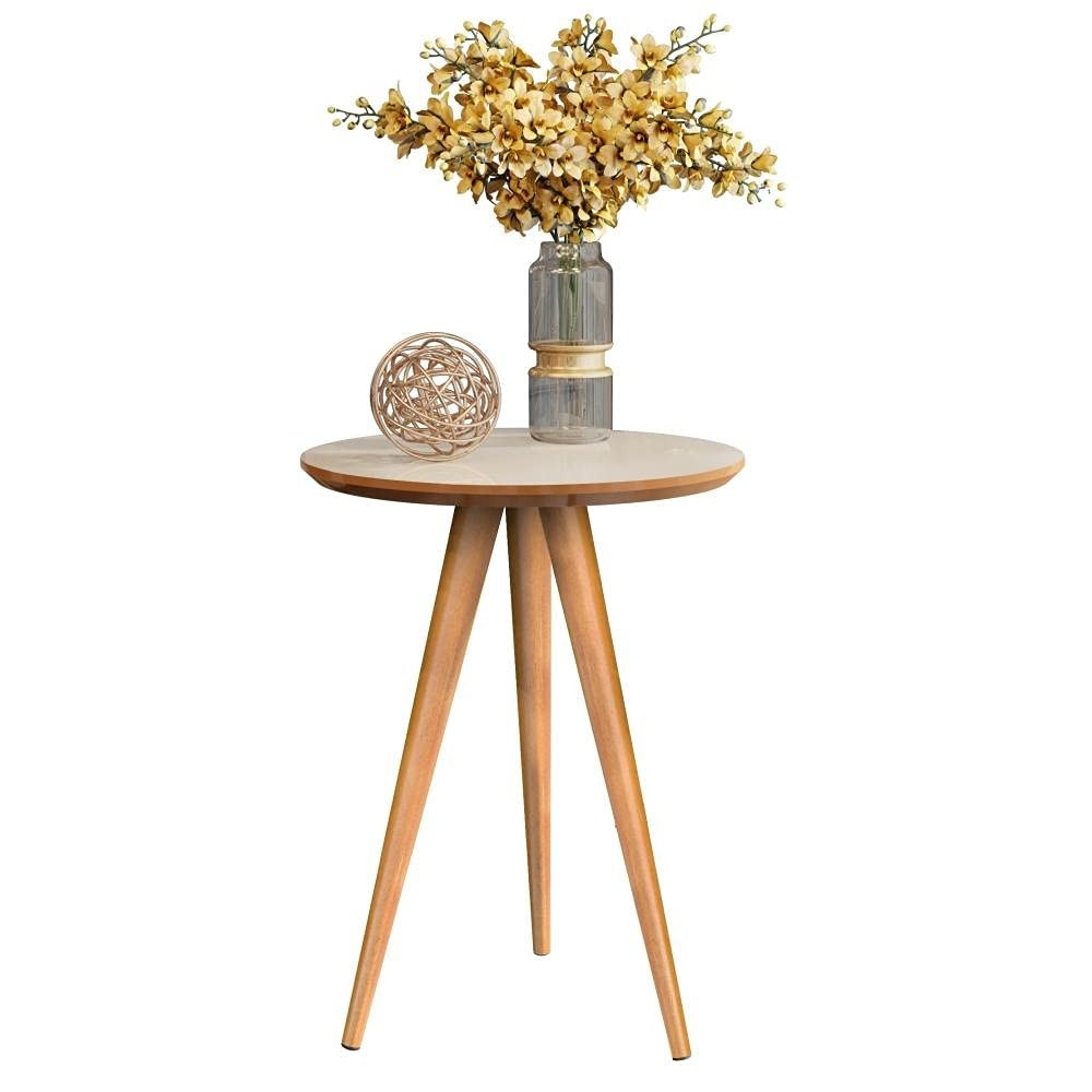 Mesa de Apoio Redonda Classic com Pés Palito - Design Industrial em Off-White e Freijó