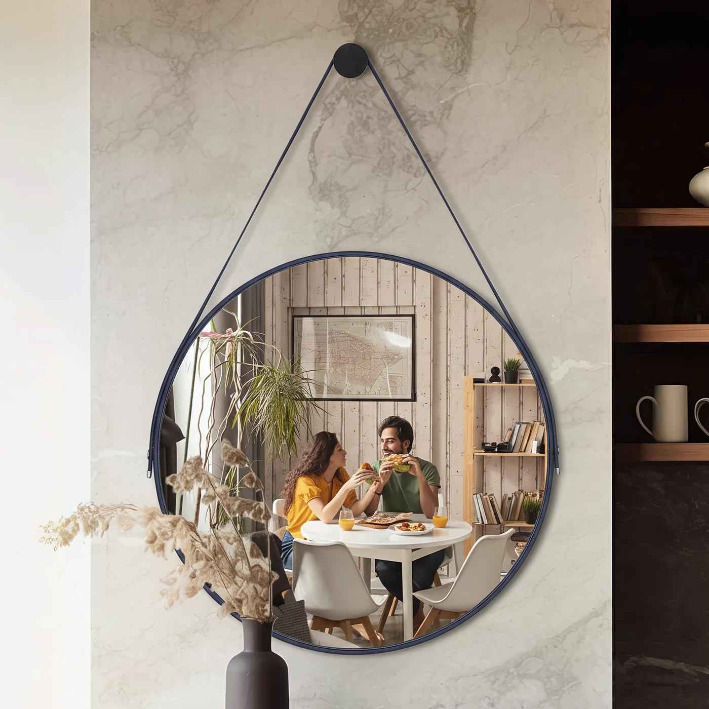Espelho Redondo Adnet 60cm Azul Naval | Design Escandinavo com Suporte em Alumínio para Sala, Quarto e Banheiro