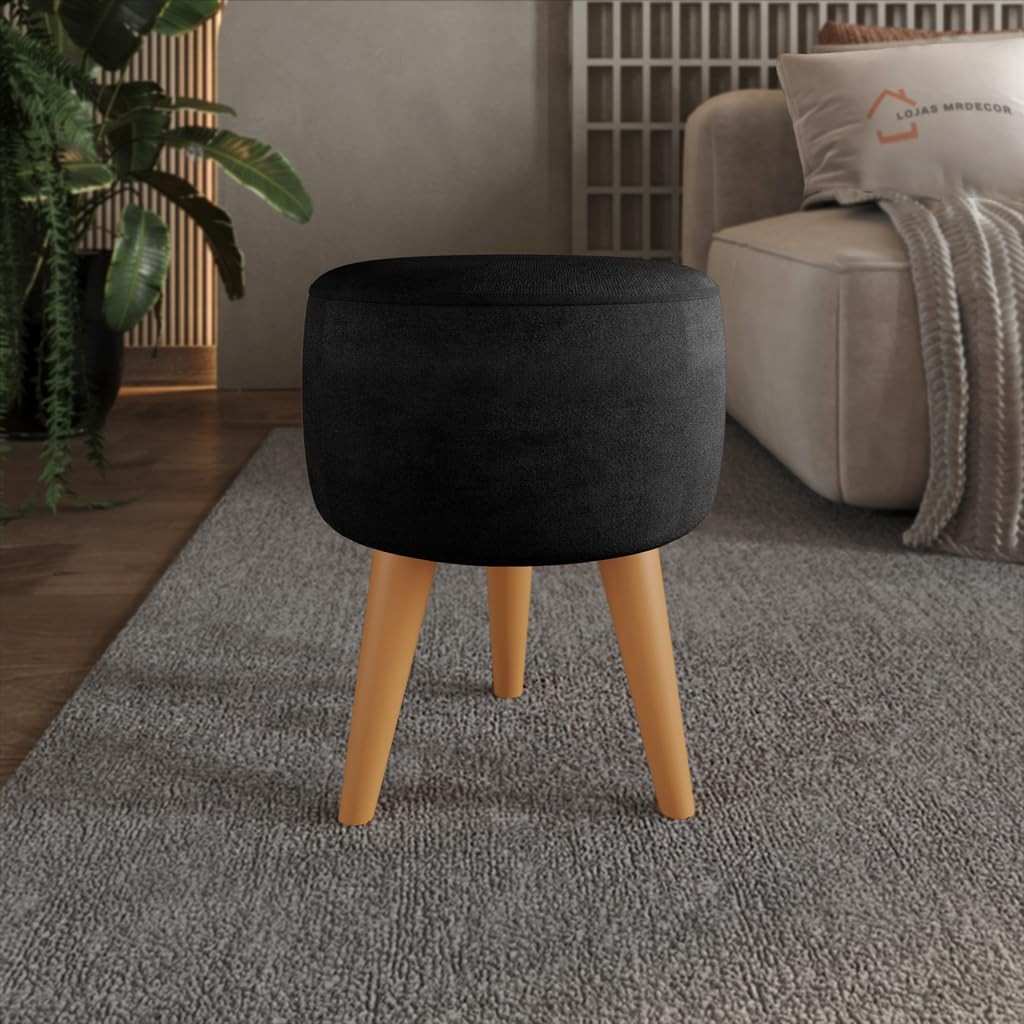 Puff Redondo Estofado com Pé Palito – Banqueta Decorativa Moderna em Preto