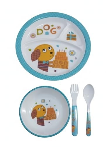 Kit Refeição Infantil 4 Peças em Melamina - Prato Divisório + Bowl + Garfo + Colher | Rosa/Azul