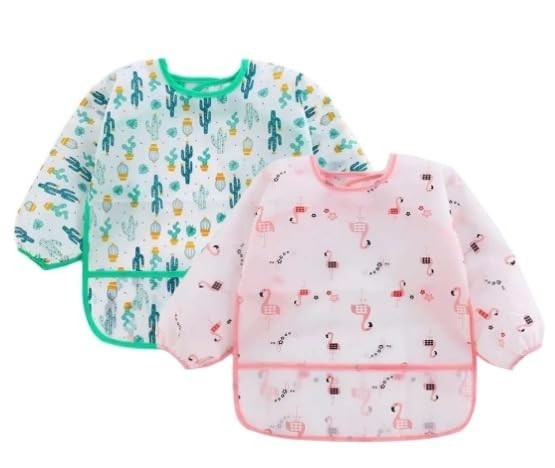 Babador Manga Longa BLW Kit 2 Unidades - Flamingo e Cactos | Estilo e Proteção para Refeições Saudáveis