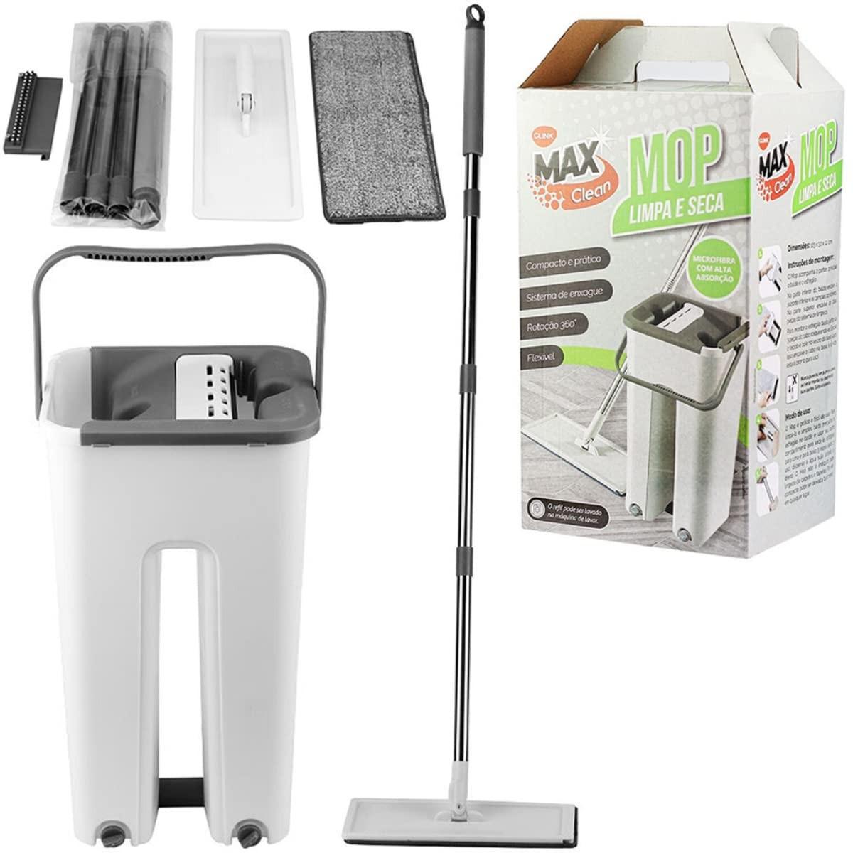 Flat Mop com Balde e Rodo - Esfregão Giratório 360° com Refil 6L Branco
