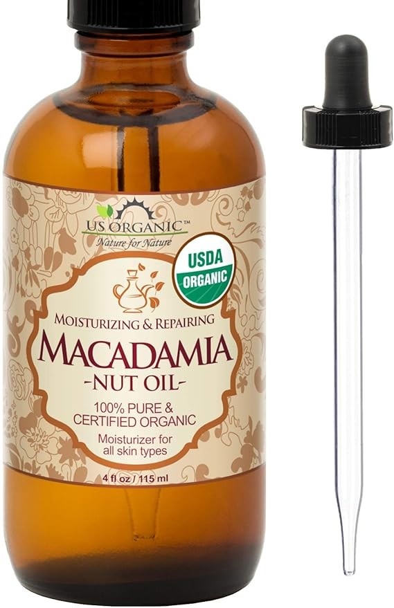 US Organic Óleo de noz de macadâmia virgem não refinado, orgânico certificado, puro e natural, prensado a frio, proveniente do Quênia, em frasco de vidro âmbar com conta-gotas de vidro para fácil