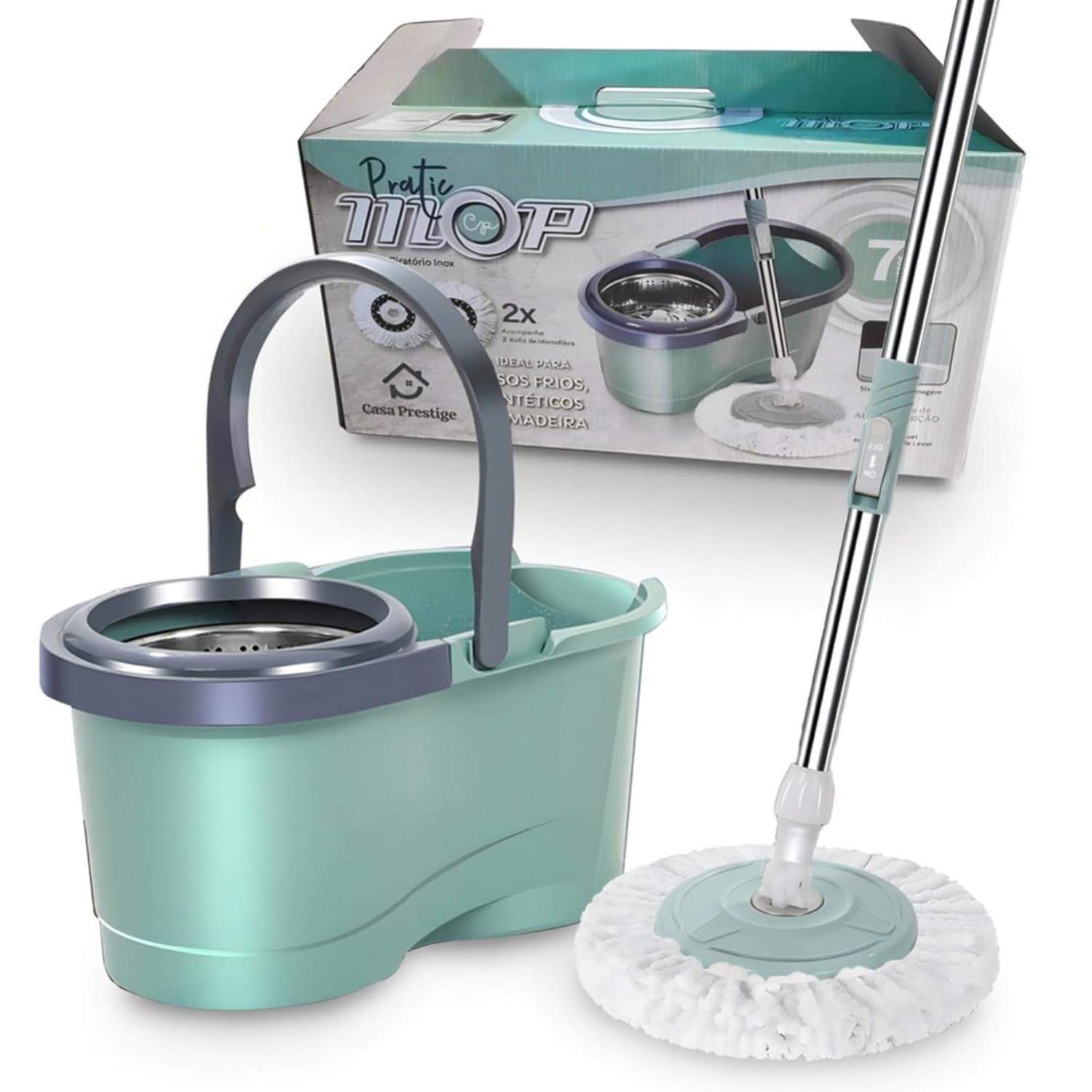 Mop Balde Giratório Pró Verde com Centrífuga em Inox - 2 Refis Microfibra, Balde 7L, Cabo 140cm