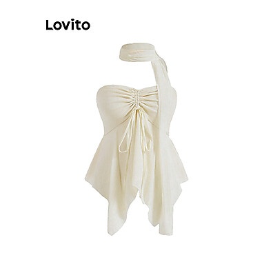 Regata Assimétrica Lovito com Renda e Cordão - Estilo Casual
