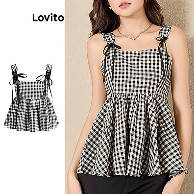 Regata Xadrez Lovito com Ilhós e Laço: Estilo Casual Feminino