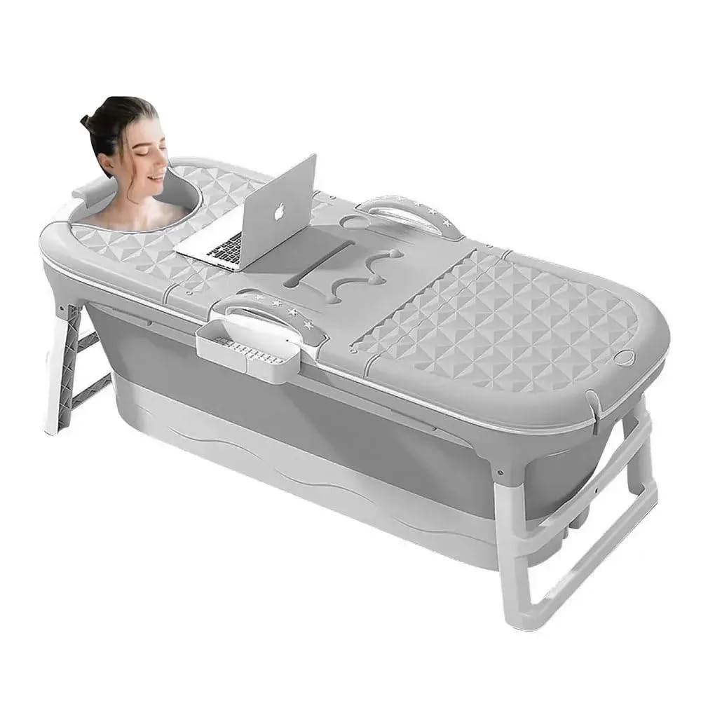 Banheira Ofurô Dobrável Portátil Cinza 117 cm com Suporte - Relaxamento Total em Qualquer Lugar
