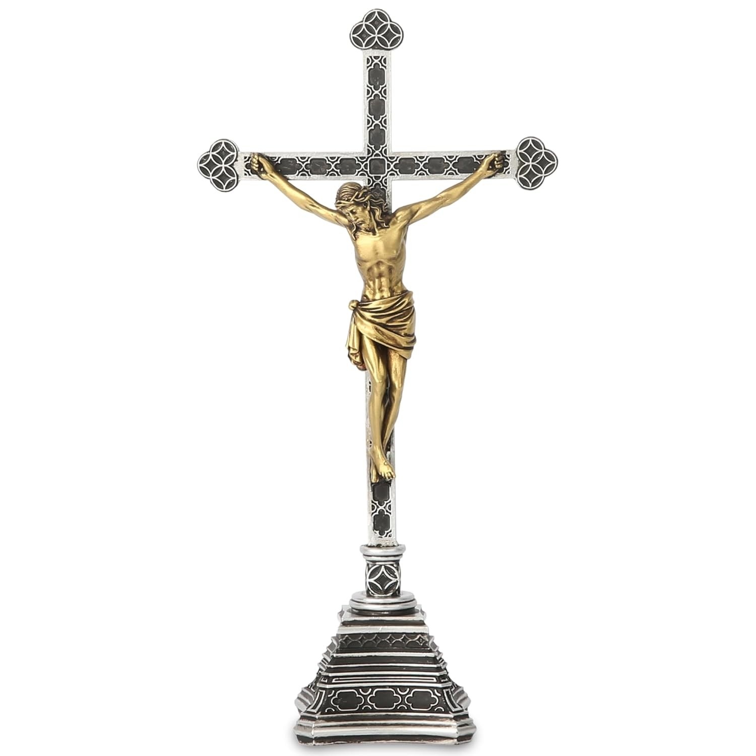 Crucifixo em Pé 20cm - Decoração Religiosa Pintado à Mão para Mesa e Altar Católico