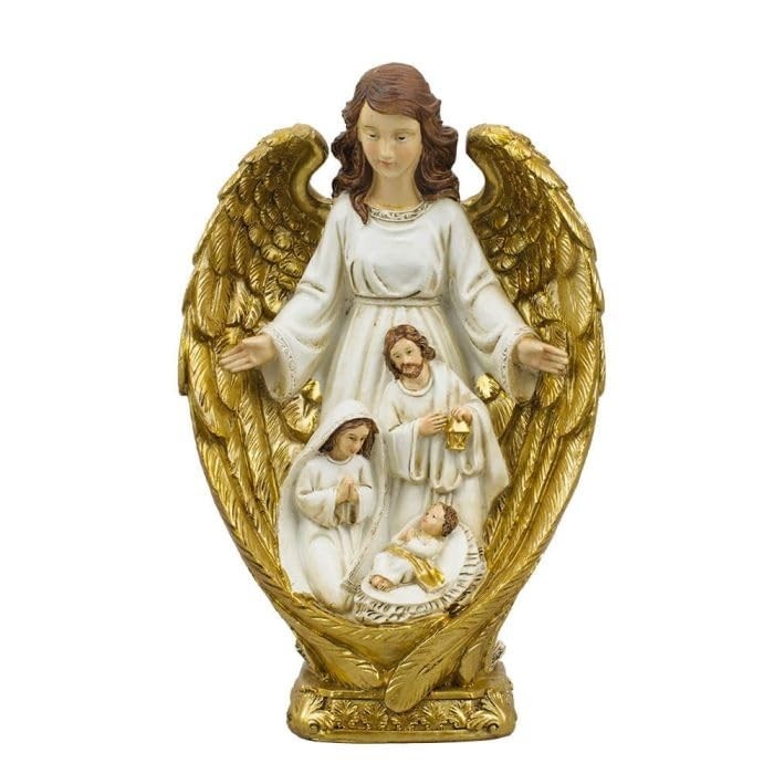 Presépio Sagrada Família com Anjo da Guarda em Resina - 22,5cm | Decoração Religiosa Elegante