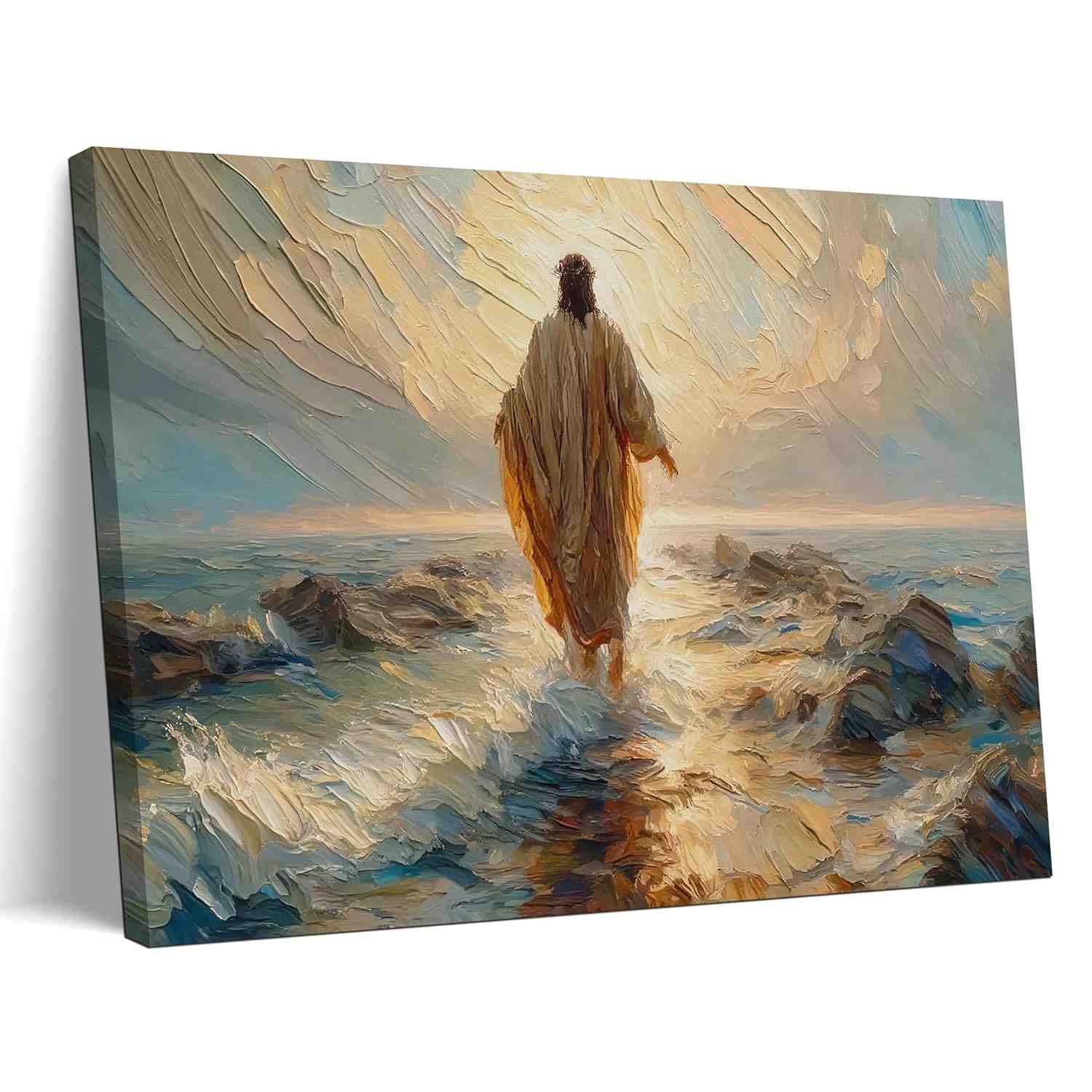 Arte de Parede em Tela Elegante de Jesus Andando na Água - Moldura Premium para Decoração Religiosa