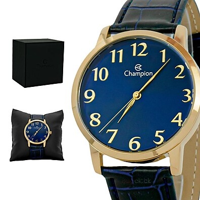 Relógio Champion Masculino Dourado com Couro Azul