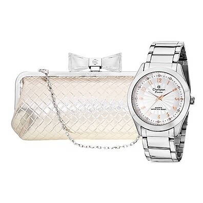 Relógio Champion Prata Rosé + Clutch: Elegância Completa